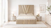 Plush Velvet Beige - Monaco V-Line Luxury Geometric Ottoman Storage Bed