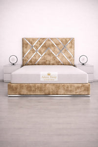 Crushed Velvet Gold - Regal Diamond Luxury Panel Bed Frame with Silver Strip – Upholstered
