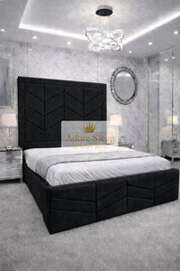 Plush Velvet Black - Valencia Royale Luxury Upholstered Bed – Geometric Chevron Panel Headboard & Statement Footboard