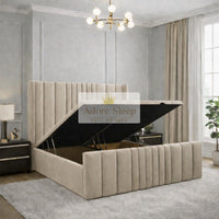 Plush Velvet Beige - Valmont Luxe Ottoman Divan Bed Frame – Luxury Upholstered Storage Bed with Statement Panelled Headboard