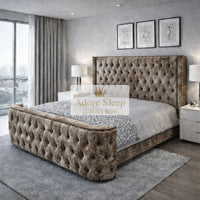 Crushed Velvet Mink - Celestine Grandeur Luxury Upholstered Bed – Deep Button Tufted Headboard & Curved Statement Footboard