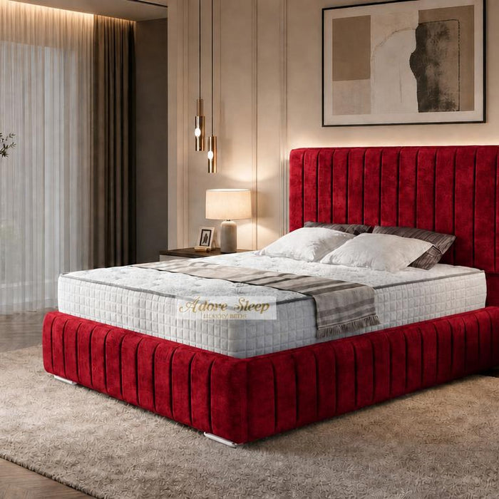 Crushed Velvet Red - Dorchester Luxury Scalloped Panel Bed – Premium Upholstered Bed Frame with Statement Headboard