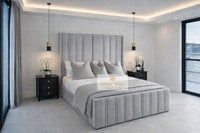 Plush Velvet Silver - Aurelia Grandeur Luxury Upholstered Panel Bed – Tall Vertical Channel Headboard & Deep Padded Frame