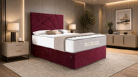 Plush Velvet Maroon - Aurelia Geometric Luxe Divan Bed with Statement Panelled Headboard & Storage
