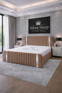 Naples Mink - Spencer Luxury Curved Fluted Bed Frame with Gold Strip – Upholstered