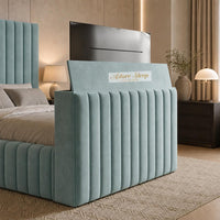 Plush Velvet Duck Egg - Mayfair Luxury Channelled TV Bed – Premium Upholstered Bed Frame with Integrated TV Footboard