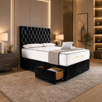 Crushed Velvet Black - Regency Diamond Luxury Divan Bed – Deep Button-Tufted Headboard with Premium Upholstered Frame & Storage