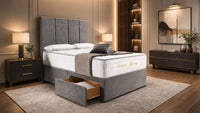 Plush Velvet Steel - Kensington Grande Luxury Divan Bed – Premium Upholstered Bed Frame with Tall Vertical Panel Headboard