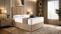 Plush Velvet Beige - Kensington Grande Luxury Divan Bed – Premium Upholstered Bed Frame with Tall Vertical Panel Headboard