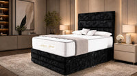 Crushed Velvet Black - Monaco Luxe Luxury Divan Bed – Premium Upholstered Panelled Headboard with Storage