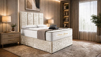 Crushed Velvet Cream - Kensington Grande Luxury Divan Bed – Premium Upholstered Bed Frame with Tall Vertical Panel Headboard