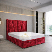 Crushed Velvet Red - Valençay Flared Sunburst Wingback Bed | Luxury Divan Ottoman Upholstered Bed Frame