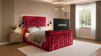 Crushed Velvet Red - Carlton Luxury Panelled TV Bed – Premium Upholstered Bed Frame with Integrated TV Footboard