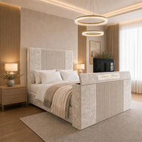 Crushed Velvet Champagne - Knightsbridge Luxury Fluted TV Bed – Designer Upholstered Bed Frame with Integrated TV Footboard