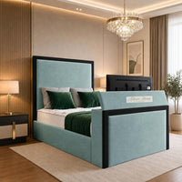 Plush Velvet Duck Egg - Claridge Luxury Framed TV Bed – Premium Upholstered Bed Frame with Integrated TV Footboard