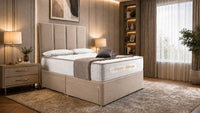 Naples Beige - Kensington Grande Luxury Divan Bed – Premium Upholstered Bed Frame with Tall Vertical Panel Headboard