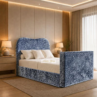 Crushed Velvet Denim Blue - Serene Luxury Curved TV Bed – Designer Upholstered Bed Frame with Integrated TV Footboard