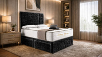 Crushed Velvet Black - Kensington Grande Luxury Divan Bed – Premium Upholstered Bed Frame with Tall Vertical Panel Headboard