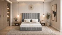 Plush Velvet Steel - Chelsea Luxury Channel Panel Bed – Premium Upholstered Bed Frame with Statement Headboard