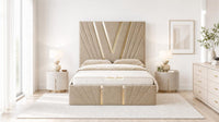 Naples Sand - Monaco V-Line Luxury Geometric Ottoman Storage Bed