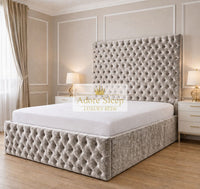 Crushed Velvet Champagne - Sovereign Élan Luxury Upholstered Bed – Deep Button-Tufted Headboard & Padded Statement Frame