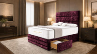 Crushed Velvet Aubergine - Monaco Luxe Luxury Divan Bed – Premium Upholstered Panelled Headboard with Storage