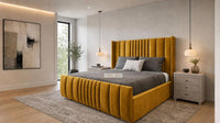 Plush Velvet Mustard Gold - Mayfair Luxury Panelled Bed – Premium Upholstered Bed Frame with Statement Headboard & Footboard