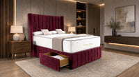 Plush Velvet Maroon - Valentina Vertical Luxe Divan Bed – Channelled Statement Headboard & Storage