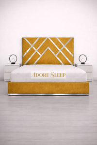 Plush Velvet Mustard Gold - Regal Diamond Luxury Panel Bed Frame with Silver Strip – Upholstered