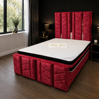 Crushed Velvet Red - Chevronne Luxury Chevron Panel Bed – Designer Upholstered Bed Frame with Metallic Inlay Detailing