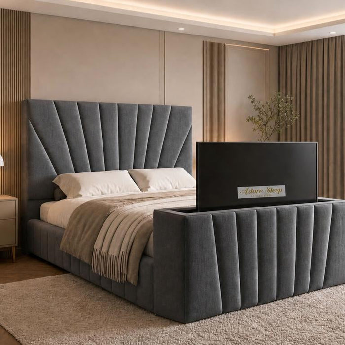 Naples Slate Grey - Solaris Luxury Sunburst TV Bed – Designer Upholstered Bed Frame with Integrated TV Footboard