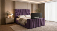 Naples Purple - Solaris Luxury Sunburst TV Bed – Designer Upholstered Bed Frame with Integrated TV Footboard