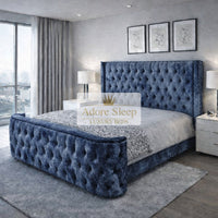 Crushed Velvet Denim Blue - Celestine Grandeur Luxury Upholstered Bed – Deep Button Tufted Headboard & Curved Statement Footboard