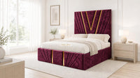 Crushed Velvet Aubergine - Monaco V-Line Luxury Geometric Ottoman Storage Bed