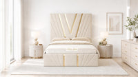 Naples Cream - Monaco V-Line Luxury Geometric Ottoman Storage Bed