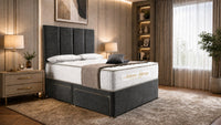 Naples Charcoal - Kensington Grande Luxury Divan Bed – Premium Upholstered Bed Frame with Tall Vertical Panel Headboard