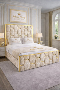 Crushed Velvet Cream - Sovereign Geometric Upholstered Designer Bed | Luxury Gold Trim Bed Frame
