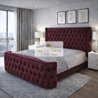 Plush Velvet Maroon - Celestine Grandeur Luxury Upholstered Bed – Deep Button Tufted Headboard & Curved Statement Footboard