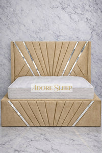 Plush Velvet Beige - Bat Radiance Luxury Panel Bed Frame with Silver Strip – Upholstered