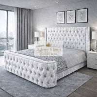 Crushed Velvet White - Celestine Grandeur Luxury Upholstered Bed – Deep Button Tufted Headboard & Curved Statement Footboard