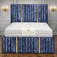 Crushed Velvet Denim Blue - Celestine Luxe Vertical Panelled Gold Strip Upholstered Bed Frame | Luxury Statement Bed