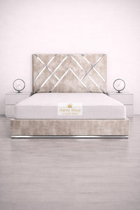 Crushed Velvet Champagne - Regal Diamond Luxury Panel Bed Frame with Silver Strip – Upholstered