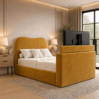 Plush Velvet Mustard Gold - Serene Luxury Curved TV Bed – Designer Upholstered Bed Frame with Integrated TV Footboard