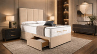 Naples Sand - Kensington Grande Luxury Divan Bed – Premium Upholstered Bed Frame with Tall Vertical Panel Headboard
