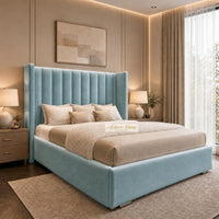 Plush Velvet Duck Egg - Harrington Luxury Wingback Bed – Premium Upholstered Bed Frame with Tall Panel Headboard