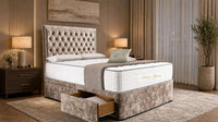 Crushed Velvet Mink - Regency Chesterfield Luxe Divan Bed with Storage – Deep Buttoned Upholstered Bed Frame