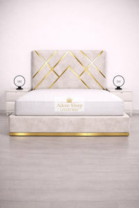 Crushed Velvet Cream - Regalia Noir Luxury Upholstered Bed – Geometric Designer Headboard with Metallic Accent Detailing
