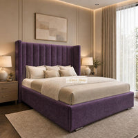 Naples Purple - Harrington Luxury Wingback Bed – Premium Upholstered Bed Frame with Tall Panel Headboard
