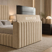 Plush Velvet Beige - Mayfair Luxury Channelled TV Bed – Premium Upholstered Bed Frame with Integrated TV Footboard