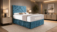 Crushed Velvet Teal - Aurelia Geometric Luxe Divan Bed with Statement Panelled Headboard & Storage